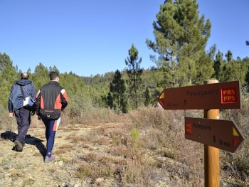 dois homens a caminhar num trilho pedestre