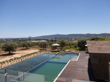 piscina biológica numa quinta com uma serra no horizonte